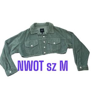 Forever 21 Trendy Cropped Olive Army Green Frayed Corduroy Jacket sz M NWOT